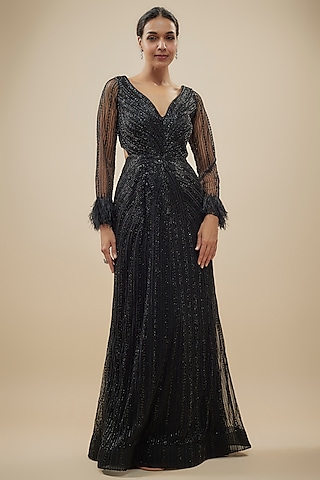 Black Net Sequins & Cutdana Gown by COUTURE BY NIHARIKA