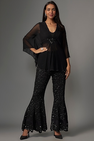 Black Chiffon Floral Motif Embroidered Kaftan Set by COUTURE BY NIHARIKA