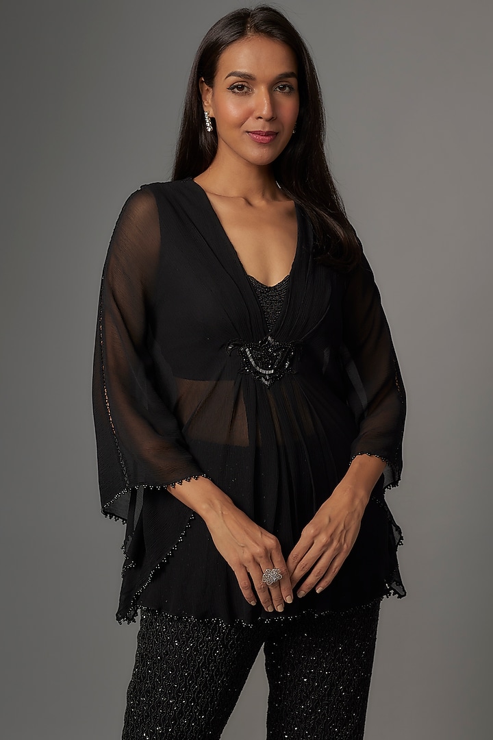 Black Chiffon Floral Motif Embroidered Kaftan Set by COUTURE BY NIHARIKA at Pernia's Pop Up Shop