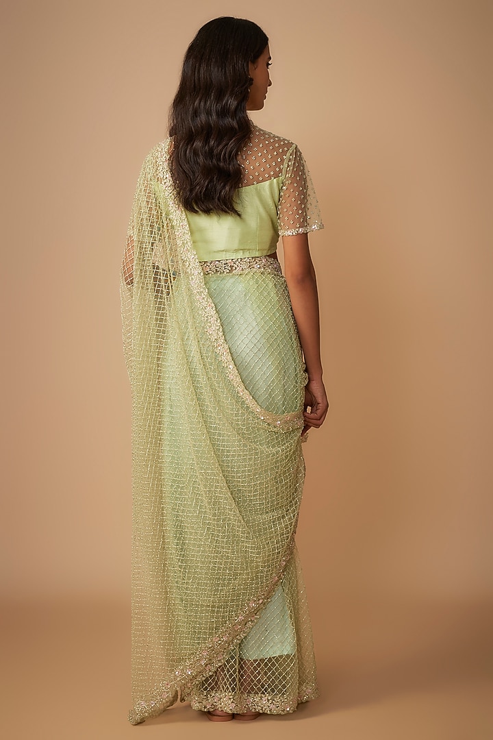 Green Raw Silk Jaal Embroidered Reception Saree Set by COUTURE BY NIHARIKA at Pernia's Pop Up Shop