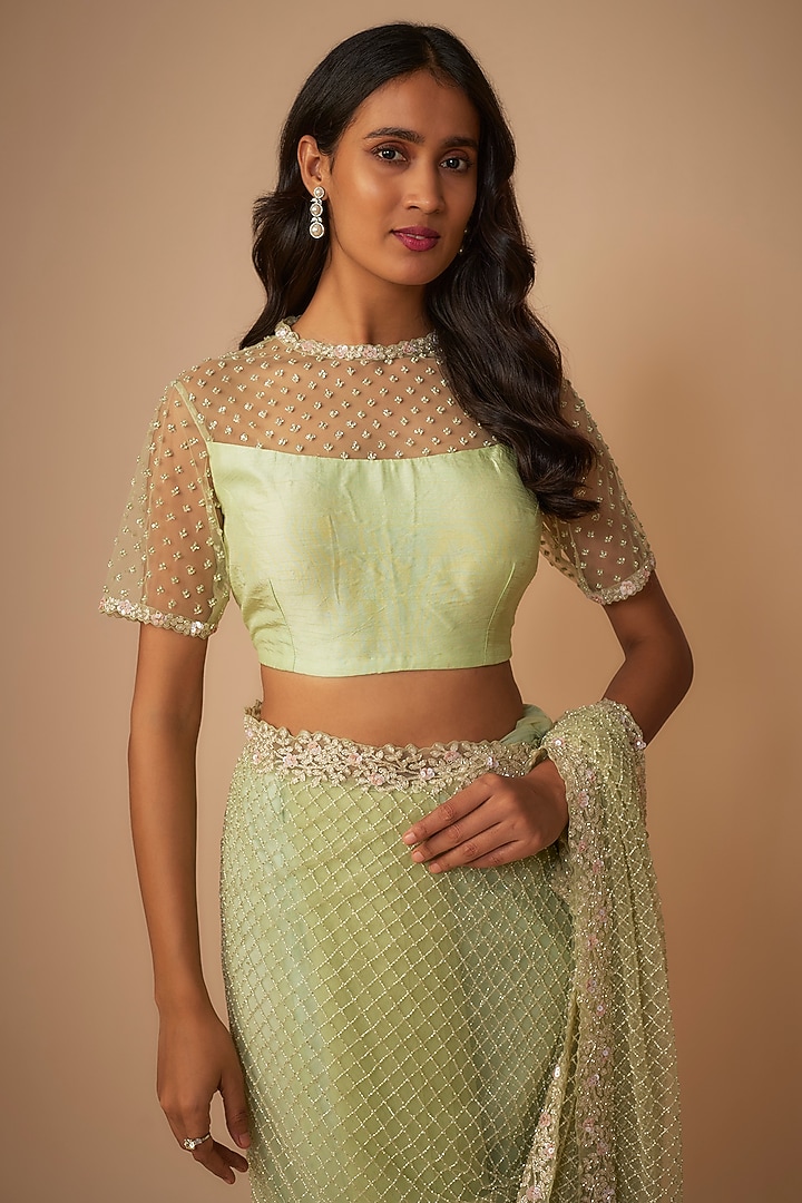 Green Raw Silk Jaal Embroidered Reception Saree Set by COUTURE BY NIHARIKA at Pernia's Pop Up Shop