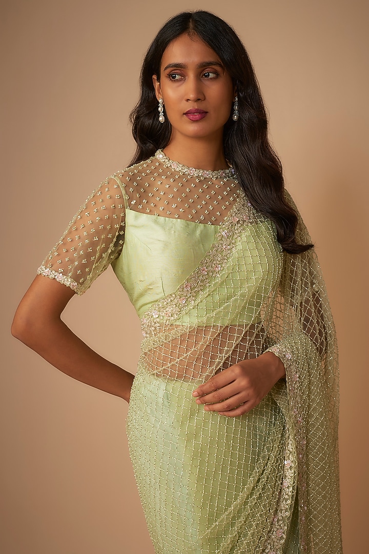 Green Raw Silk Jaal Embroidered Reception Saree Set by COUTURE BY NIHARIKA at Pernia's Pop Up Shop