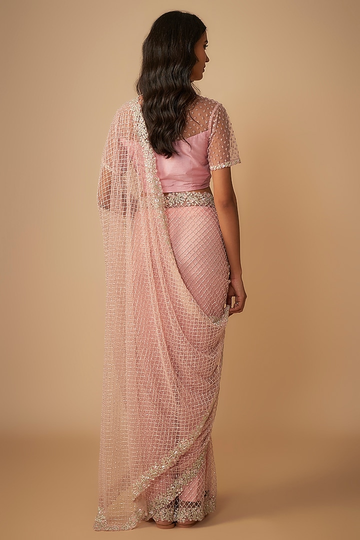 Lilac Pink Raw Silk Jaal Embroidered Reception Saree Set by COUTURE BY NIHARIKA at Pernia's Pop Up Shop