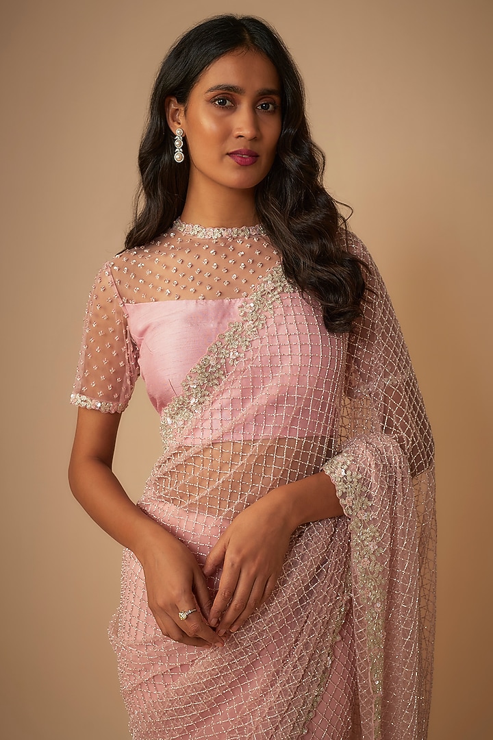 Lilac Pink Raw Silk Jaal Embroidered Reception Saree Set by COUTURE BY NIHARIKA at Pernia's Pop Up Shop