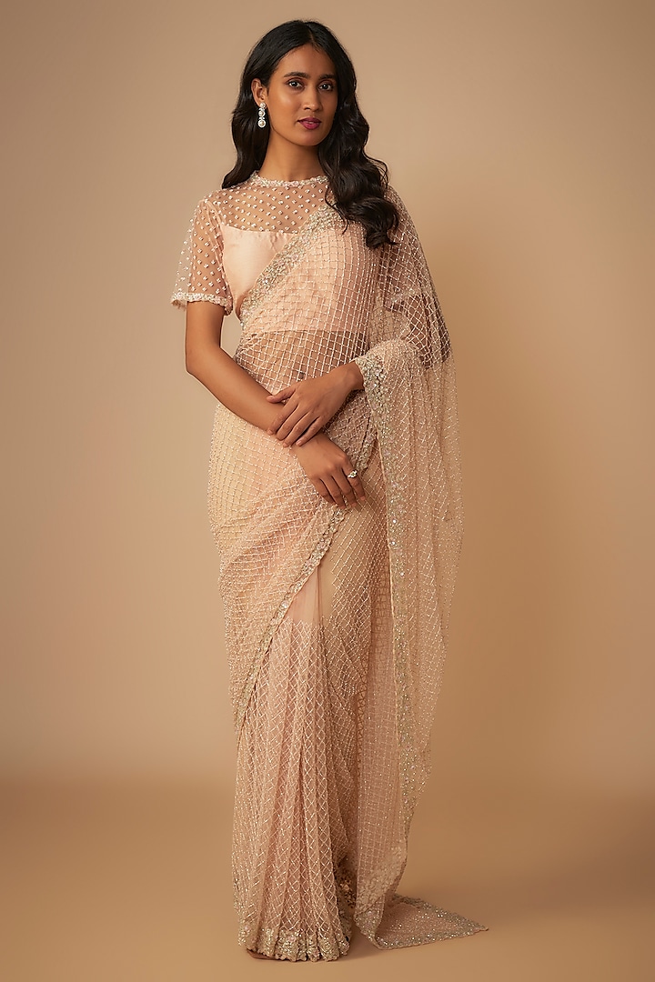 Peach Raw Silk Jaal Embroidered Saree Set by COUTURE BY NIHARIKA at Pernia's Pop Up Shop