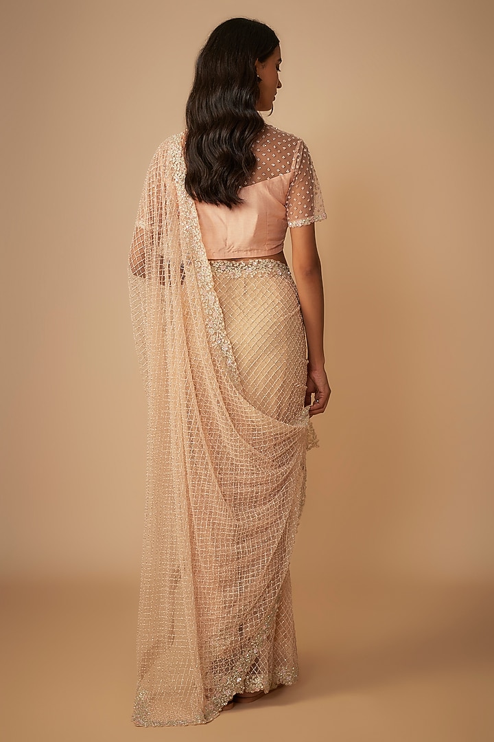 Peach Raw Silk Jaal Embroidered Reception Saree Set by COUTURE BY NIHARIKA at Pernia's Pop Up Shop