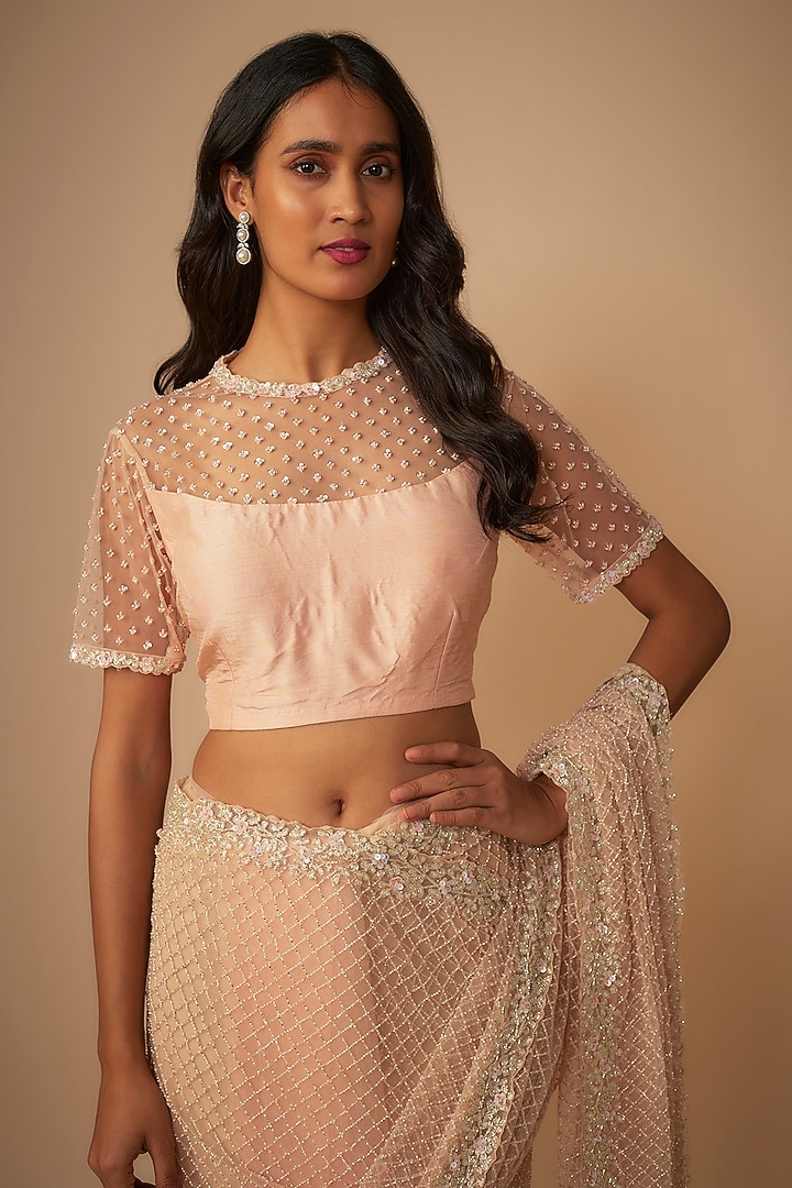 Peach Raw Silk Jaal Embroidered Reception Saree Set by COUTURE BY NIHARIKA at Pernia's Pop Up Shop