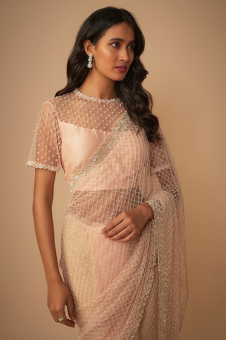 Peach Raw Silk Jaal Embroidered Reception Saree Set by COUTURE BY NIHARIKA at Pernia's Pop Up Shop