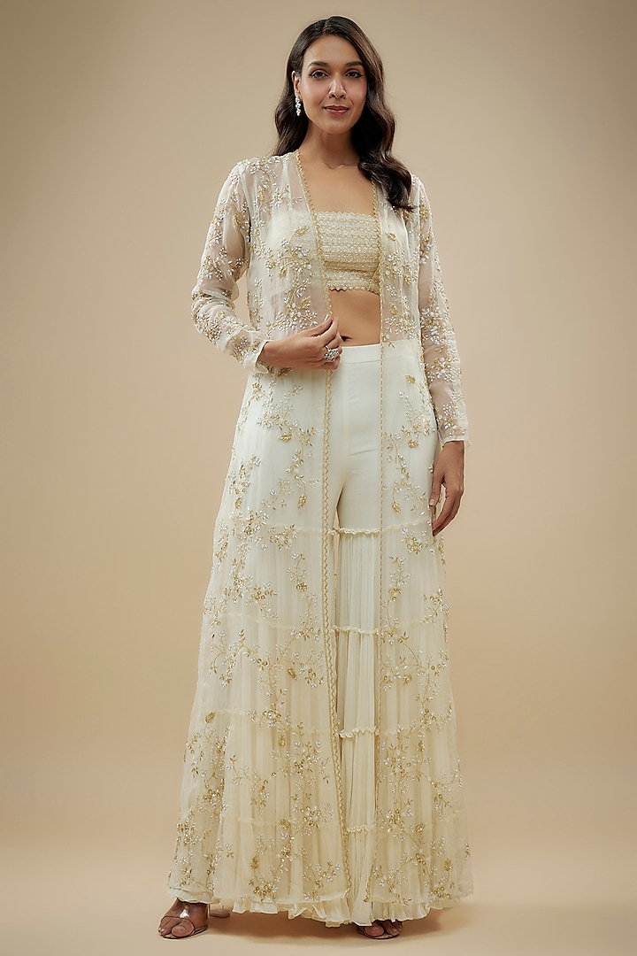 Ivory Viscose Floral Jaal Embroidered Jacket Set by COUTURE BY NIHARIKA at Pernia's Pop Up Shop