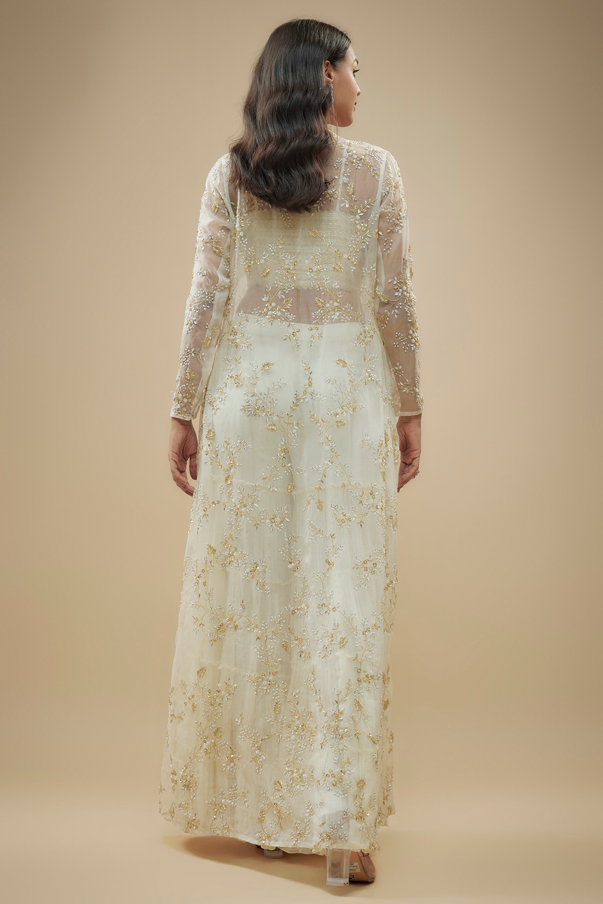 Ivory Viscose Floral Jaal Embroidered Jacket Set by COUTURE BY