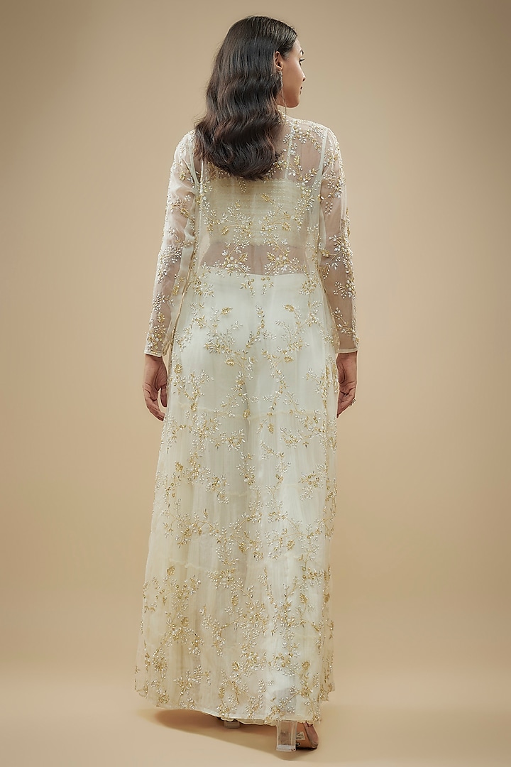 Ivory Viscose Floral Jaal Embroidered Jacket Set by COUTURE BY NIHARIKA at Pernia's Pop Up Shop