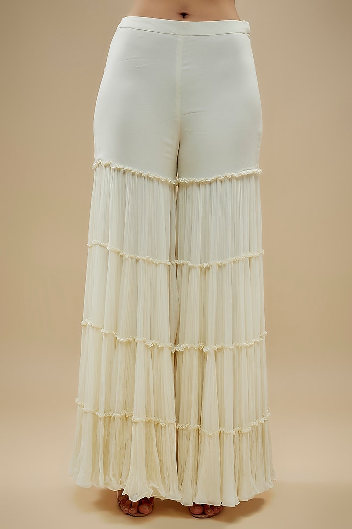 Ivory Viscose Floral Jaal Embroidered Jacket Set by COUTURE BY NIHARIKA at Pernia's Pop Up Shop