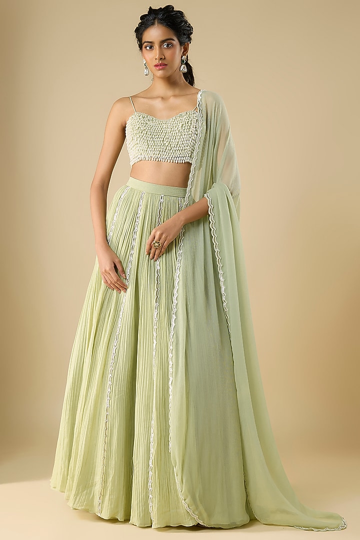 Green Chiffon & Organza Embroidered Wedding Lehenga Set by COUTURE BY NIHARIKA at Pernia's Pop Up Shop