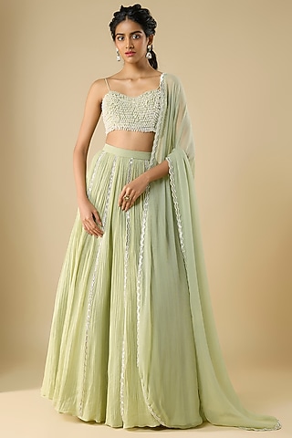 Green Chiffon & Organza Embroidered Lehenga Set by COUTURE BY NIHARIKA