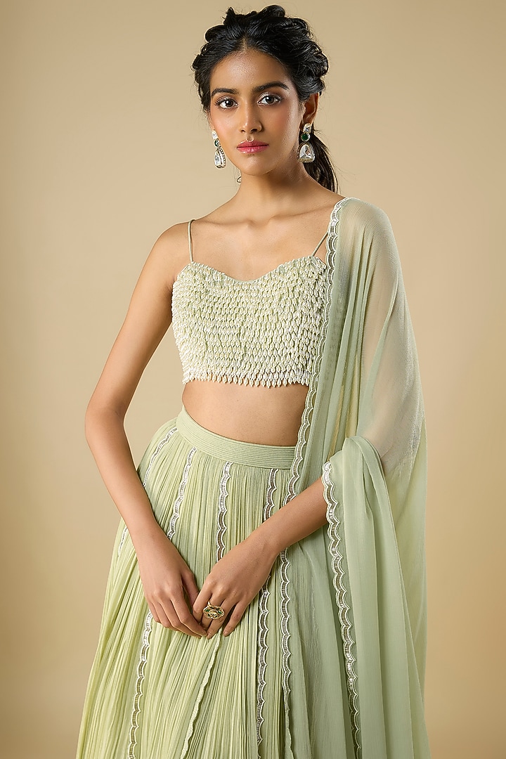Green Chiffon & Organza Embroidered Wedding Lehenga Set by COUTURE BY NIHARIKA at Pernia's Pop Up Shop