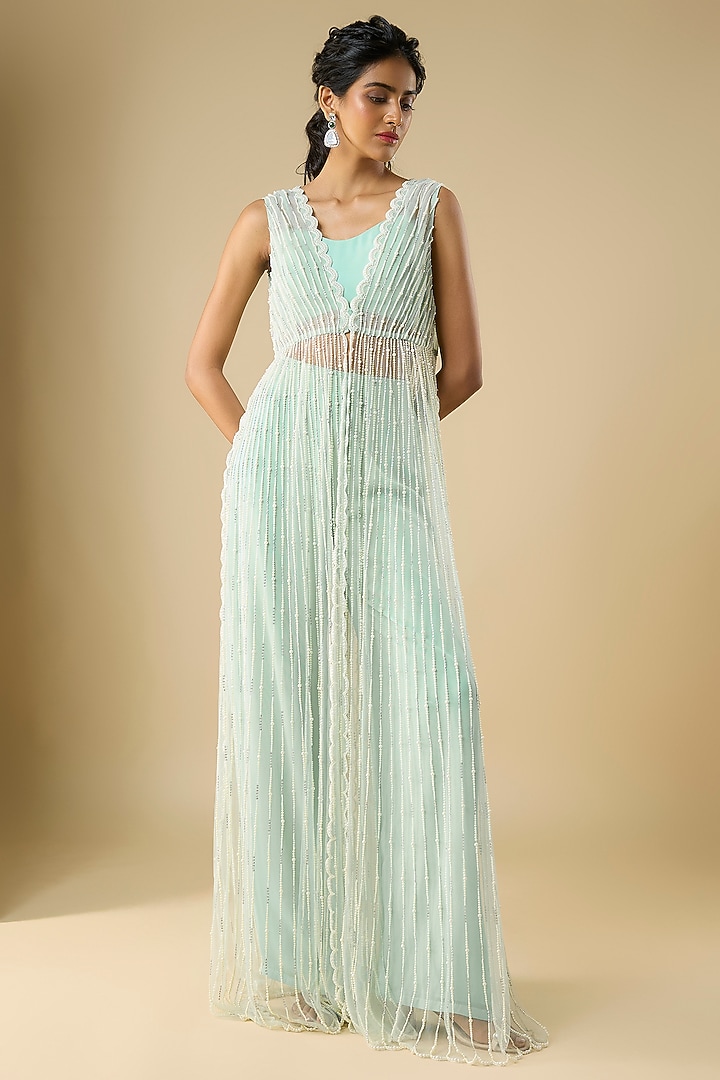 Powder Blue Net & Viscose Georgette Pearl Embroidered Cape Set by COUTURE BY NIHARIKA at Pernia's Pop Up Shop