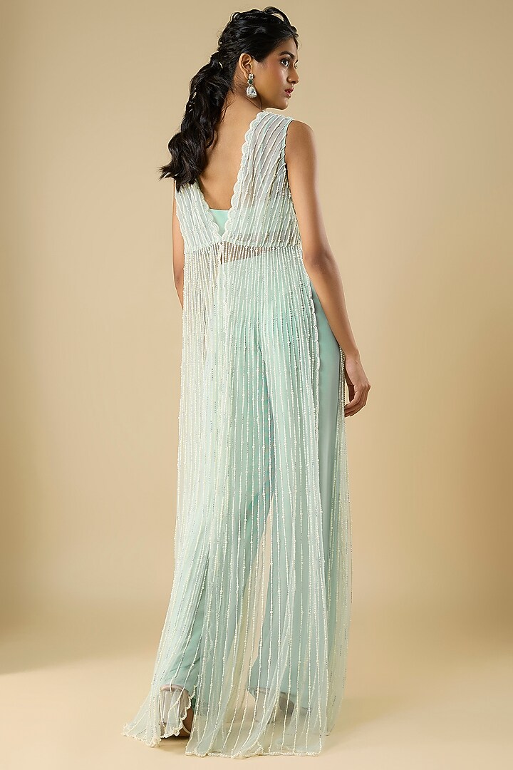 Powder Blue Net & Viscose Georgette Pearl Embroidered Cape Set by COUTURE BY NIHARIKA at Pernia's Pop Up Shop