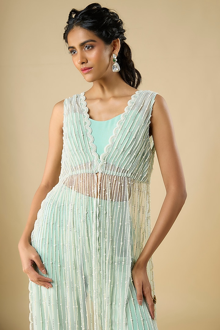 Powder Blue Net & Viscose Georgette Pearl Embroidered Cape Set by COUTURE BY NIHARIKA at Pernia's Pop Up Shop