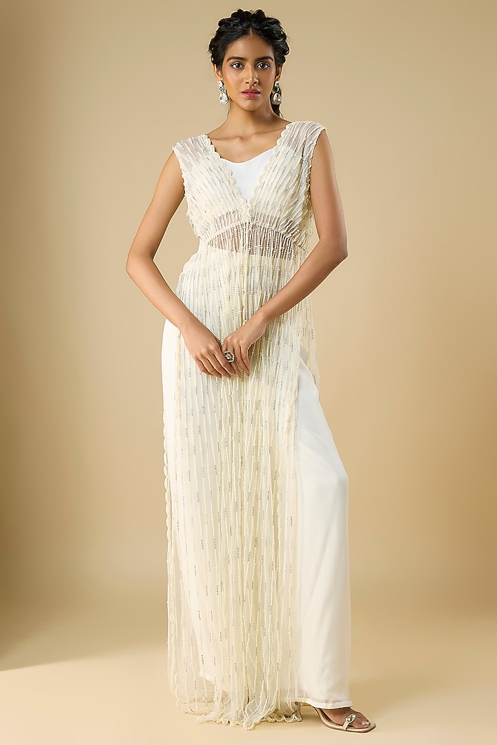 Ivory Net & Viscose Georgette Pearl Embroidered Cape Set by COUTURE BY NIHARIKA at Pernia's Pop Up Shop