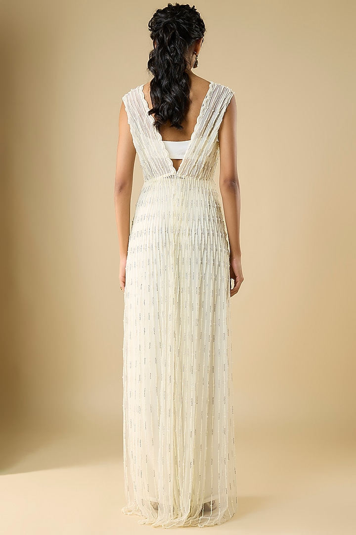 Ivory Net & Viscose Georgette Pearl Embroidered Cape Set by COUTURE BY NIHARIKA at Pernia's Pop Up Shop