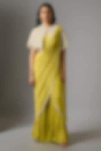 Yellow Organza Floral Cutwork Jacket Draped Wedding Saree Set by COUTURE BY NIHARIKA at Pernia's Pop Up Shop