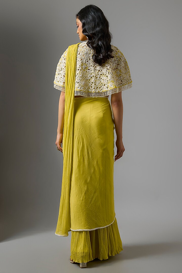 Yellow Organza Floral Cutwork Jacket Draped Wedding Saree Set by COUTURE BY NIHARIKA at Pernia's Pop Up Shop