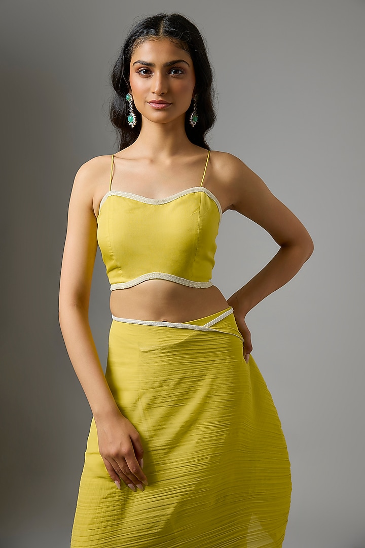 Yellow Organza Floral Cutwork Jacket Draped Wedding Saree Set by COUTURE BY NIHARIKA at Pernia's Pop Up Shop