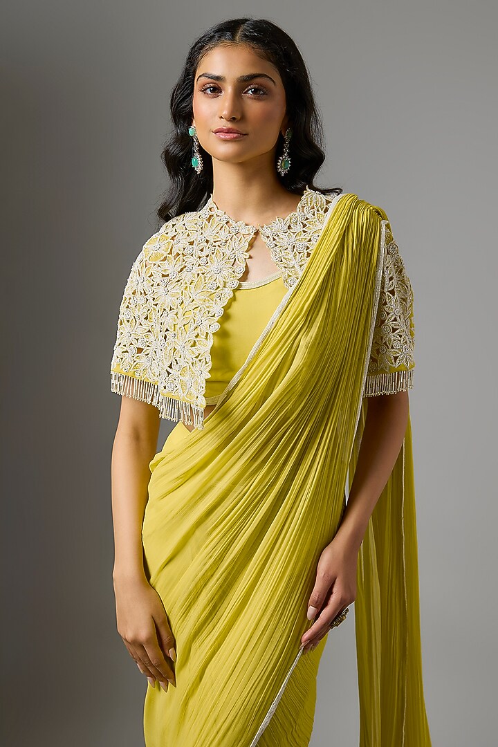 Yellow Organza Floral Cutwork Jacket Draped Wedding Saree Set by COUTURE BY NIHARIKA at Pernia's Pop Up Shop
