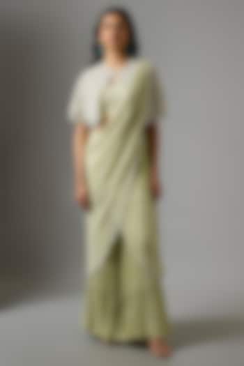 Mint Green Organza Floral Cutwork Jacket Draped Wedding Saree Set by COUTURE BY NIHARIKA at Pernia's Pop Up Shop