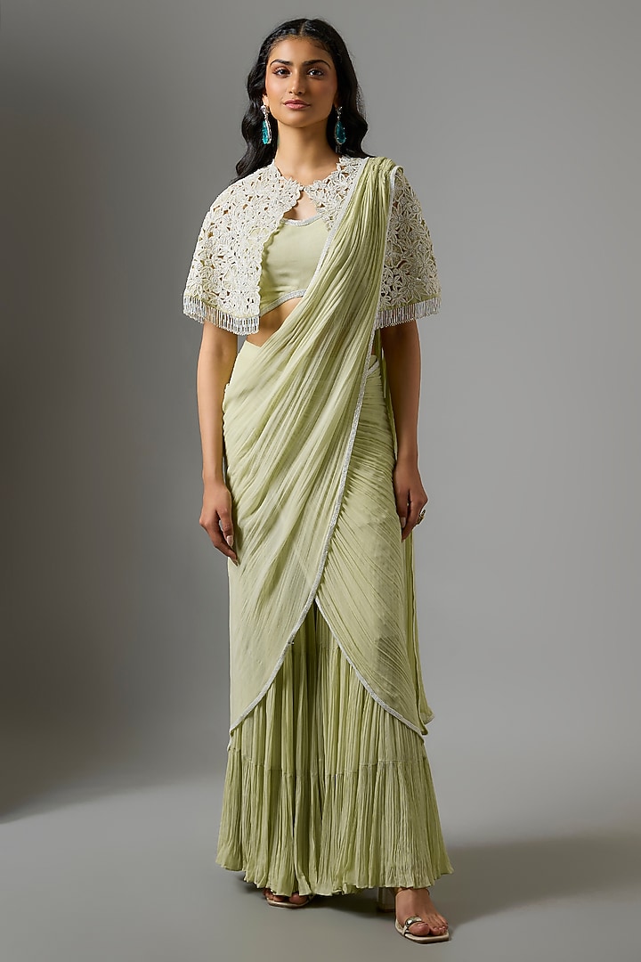 Mint Green Organza Floral Cutwork Jacket Draped Wedding Saree Set by COUTURE BY NIHARIKA at Pernia's Pop Up Shop