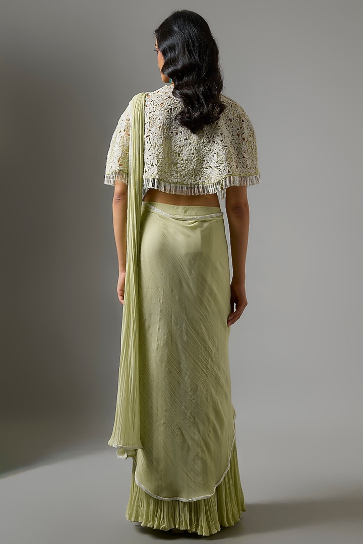 Mint Green Organza Floral Cutwork Jacket Draped Wedding Saree Set by COUTURE BY NIHARIKA at Pernia's Pop Up Shop