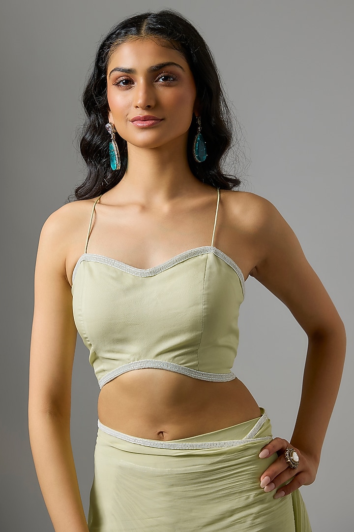 Mint Green Organza Floral Cutwork Jacket Draped Wedding Saree Set by COUTURE BY NIHARIKA at Pernia's Pop Up Shop