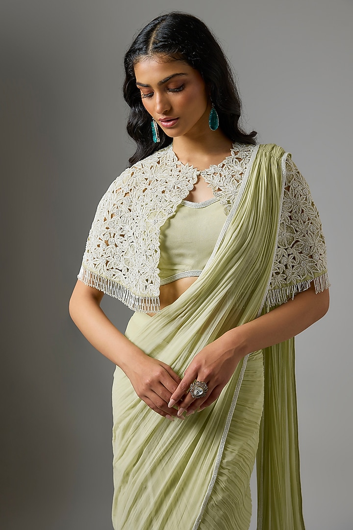 Mint Green Organza Floral Cutwork Jacket Draped Wedding Saree Set by COUTURE BY NIHARIKA at Pernia's Pop Up Shop