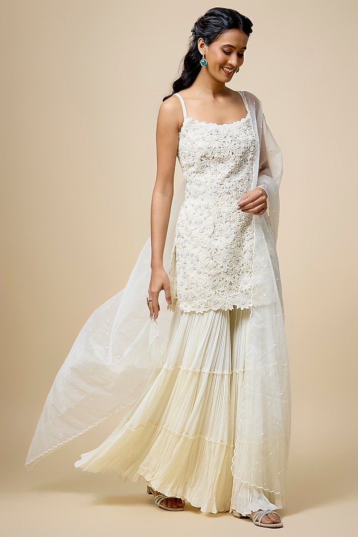 Ivory Organza & Viscose Georgette Layered Bridal Sharara Set by COUTURE BY NIHARIKA at Pernia's Pop Up Shop