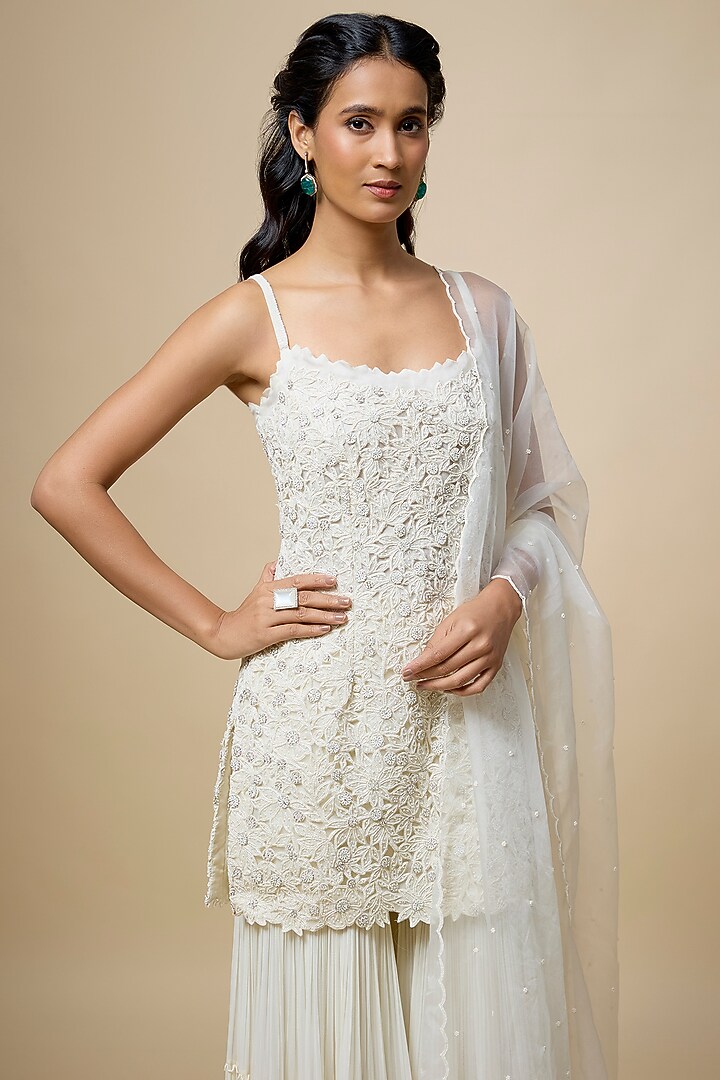 Ivory Organza & Viscose Georgette Layered Bridal Sharara Set by COUTURE BY NIHARIKA at Pernia's Pop Up Shop