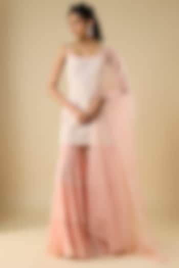 Peach Organza & Viscose Georgette Layered Bridal Sharara Set by COUTURE BY NIHARIKA at Pernia's Pop Up Shop