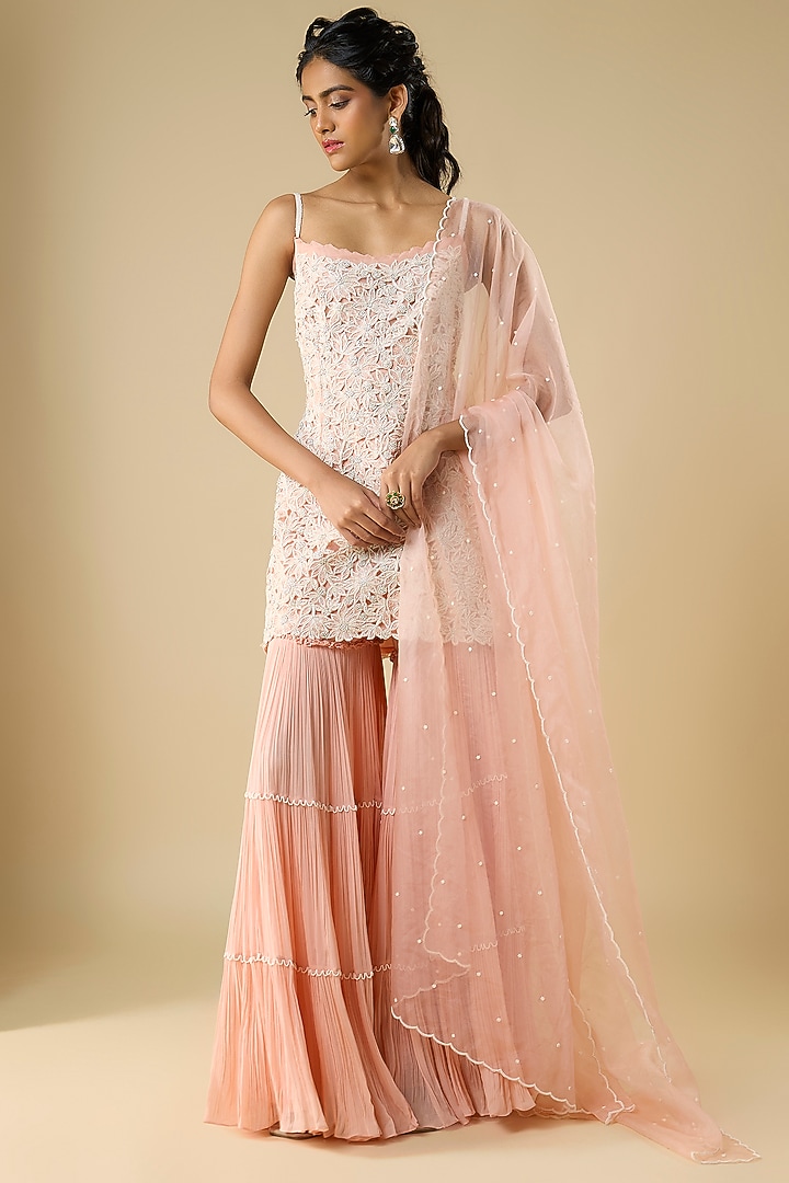 Peach Organza & Viscose Georgette Layered Bridal Sharara Set by COUTURE BY NIHARIKA at Pernia's Pop Up Shop