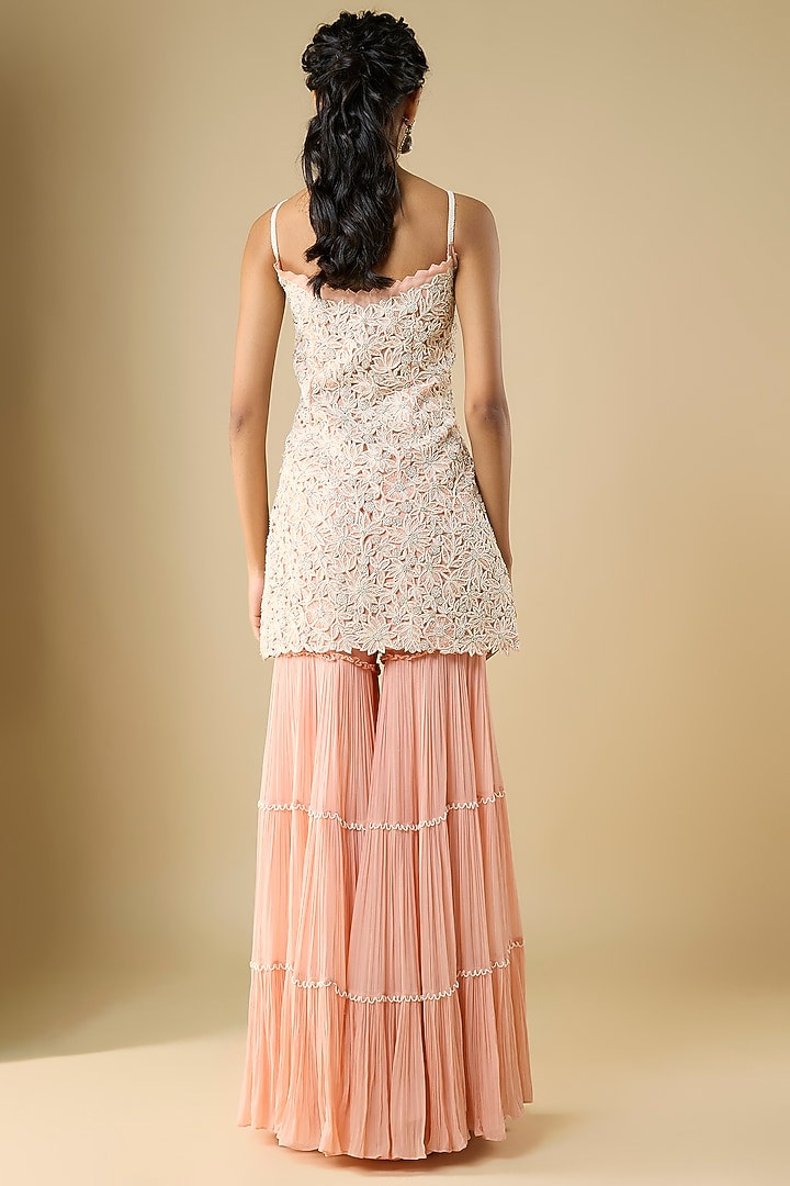 Peach Organza & Viscose Georgette Layered Bridal Sharara Set by COUTURE BY NIHARIKA at Pernia's Pop Up Shop