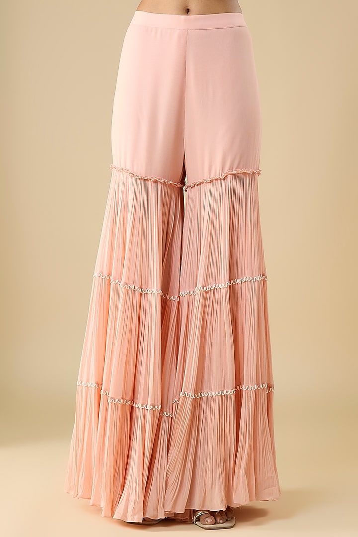 Peach Organza & Viscose Georgette Layered Bridal Sharara Set by COUTURE BY NIHARIKA at Pernia's Pop Up Shop