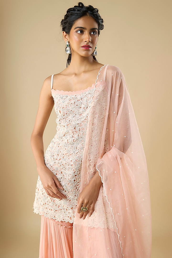 Peach Organza & Viscose Georgette Layered Bridal Sharara Set by COUTURE BY NIHARIKA at Pernia's Pop Up Shop