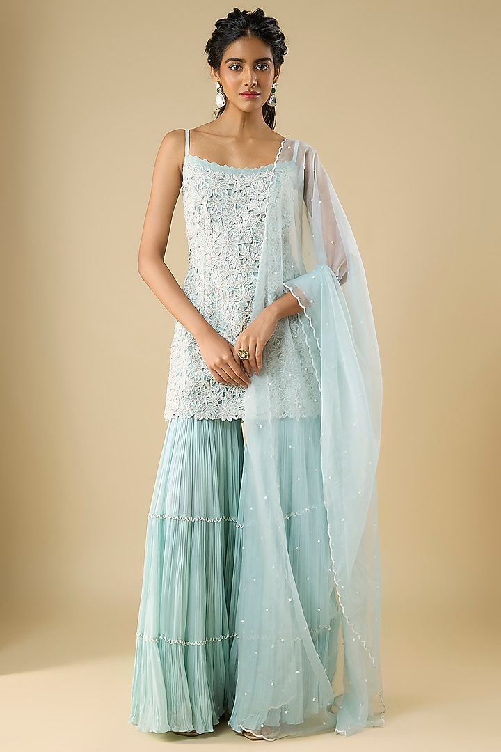 Powder Blue Organza & Viscose Georgette Layered Bridal Sharara Set by COUTURE BY NIHARIKA at Pernia's Pop Up Shop