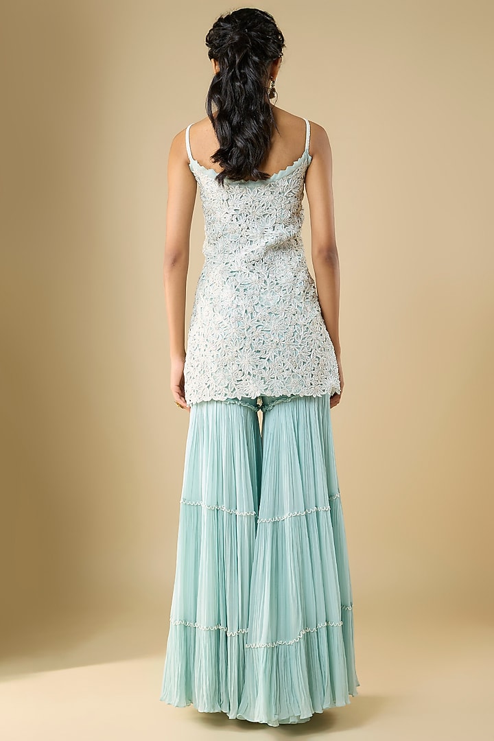Powder Blue Organza & Viscose Georgette Layered Bridal Sharara Set by COUTURE BY NIHARIKA at Pernia's Pop Up Shop