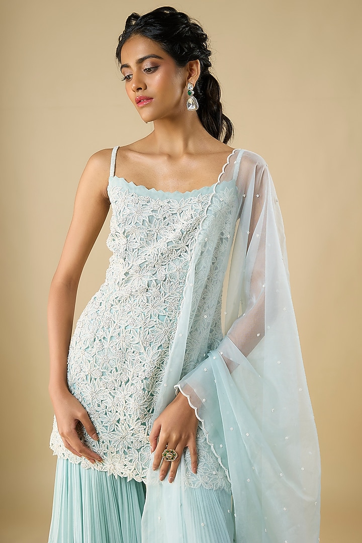 Powder Blue Organza & Viscose Georgette Layered Bridal Sharara Set by COUTURE BY NIHARIKA at Pernia's Pop Up Shop