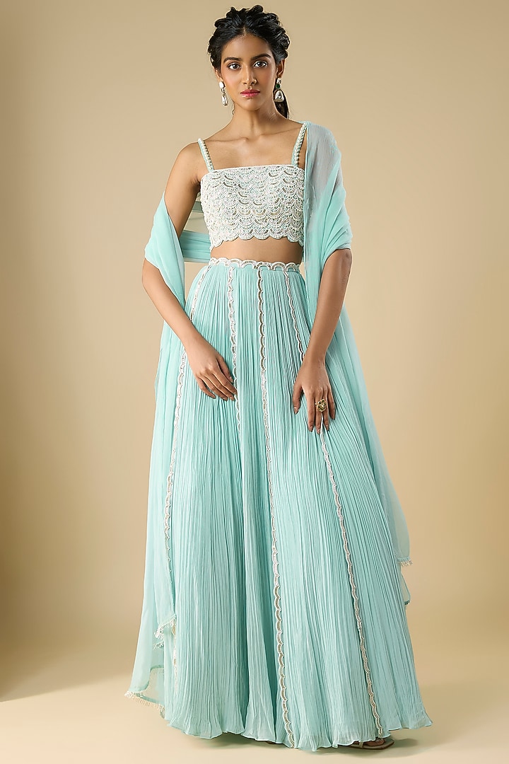 Powder Blue Organza & Viscose Georgette Hand Embroidered Wedding Lehenga Set by COUTURE BY NIHARIKA at Pernia's Pop Up Shop