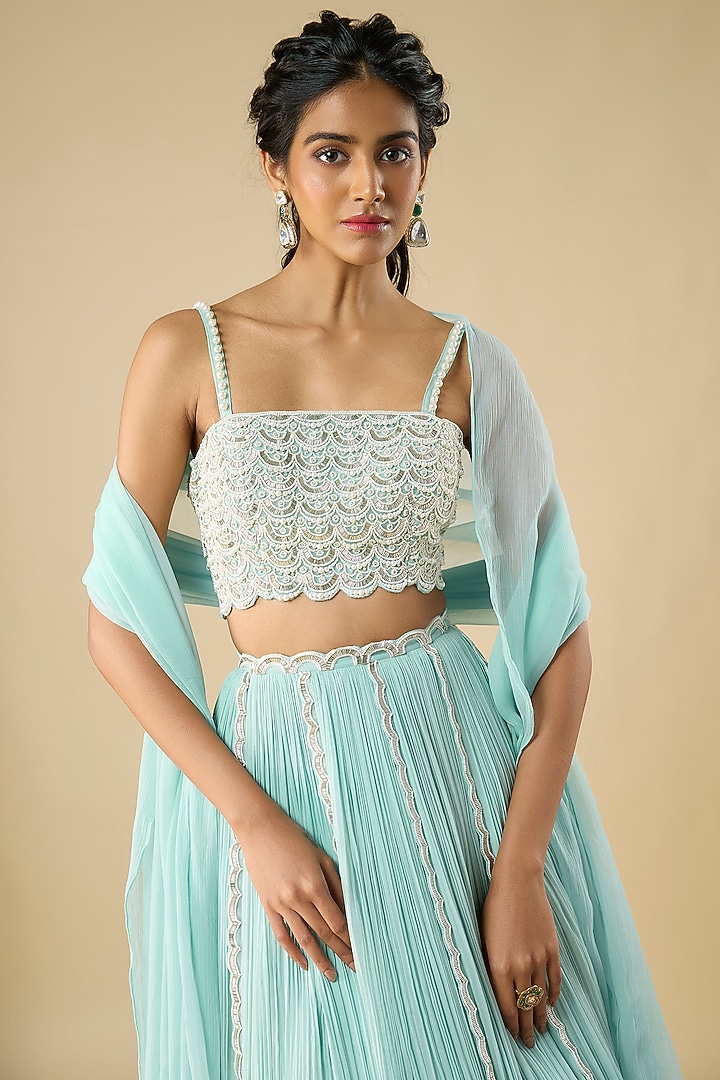Powder Blue Organza & Viscose Georgette Hand Embroidered Wedding Lehenga Set by COUTURE BY NIHARIKA at Pernia's Pop Up Shop