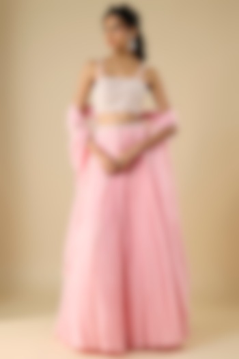 Powder Pink Organza & Viscose Georgette Hand Embroidered Wedding Lehenga Set by COUTURE BY NIHARIKA at Pernia's Pop Up Shop