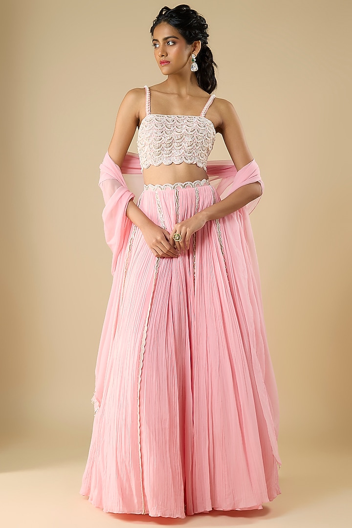 Powder Pink Organza & Viscose Georgette Hand Embroidered Wedding Lehenga Set by COUTURE BY NIHARIKA at Pernia's Pop Up Shop