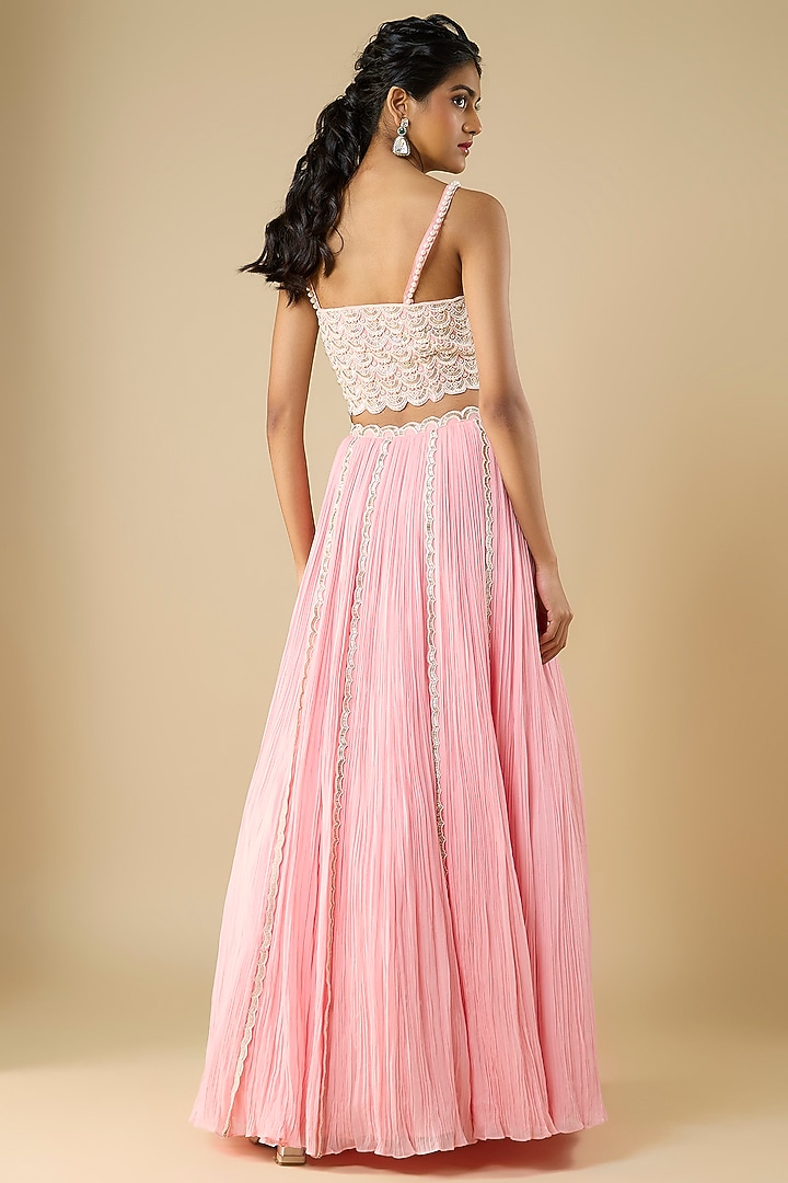 Powder Pink Organza & Viscose Georgette Hand Embroidered Wedding Lehenga Set by COUTURE BY NIHARIKA at Pernia's Pop Up Shop