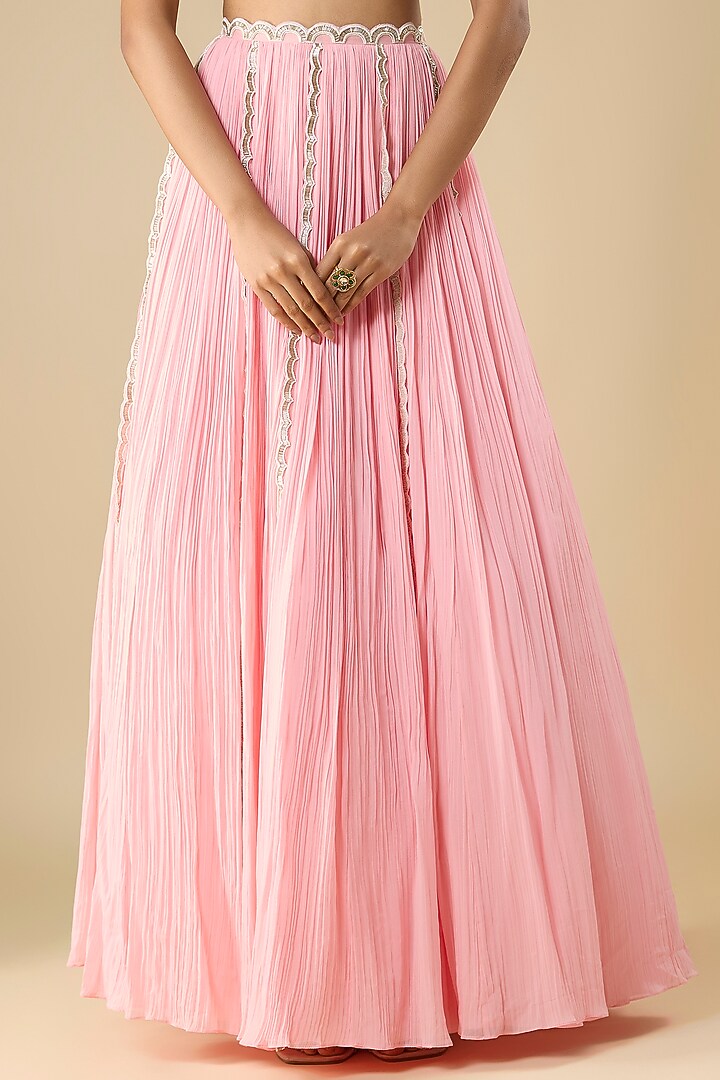 Powder Pink Organza & Viscose Georgette Hand Embroidered Wedding Lehenga Set by COUTURE BY NIHARIKA at Pernia's Pop Up Shop