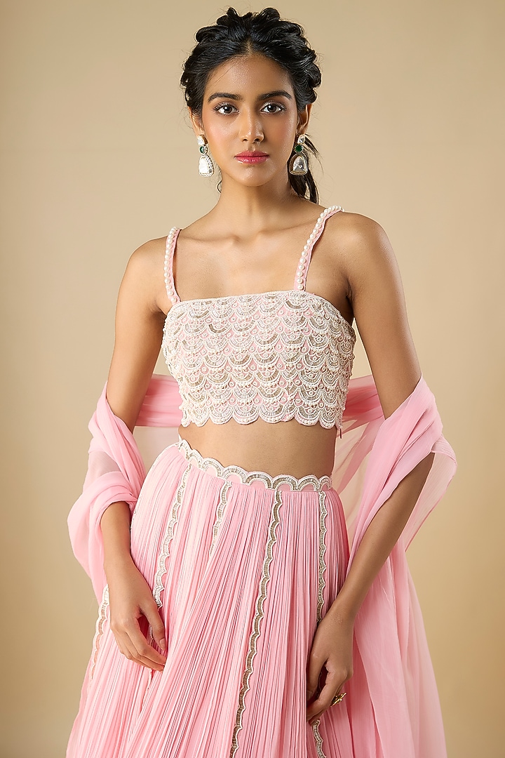 Powder Pink Organza & Viscose Georgette Hand Embroidered Wedding Lehenga Set by COUTURE BY NIHARIKA at Pernia's Pop Up Shop